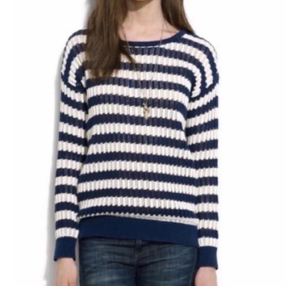 Madewell Sweaters - Madewell • Navy & Ivory Striped Cable Knit Sweater